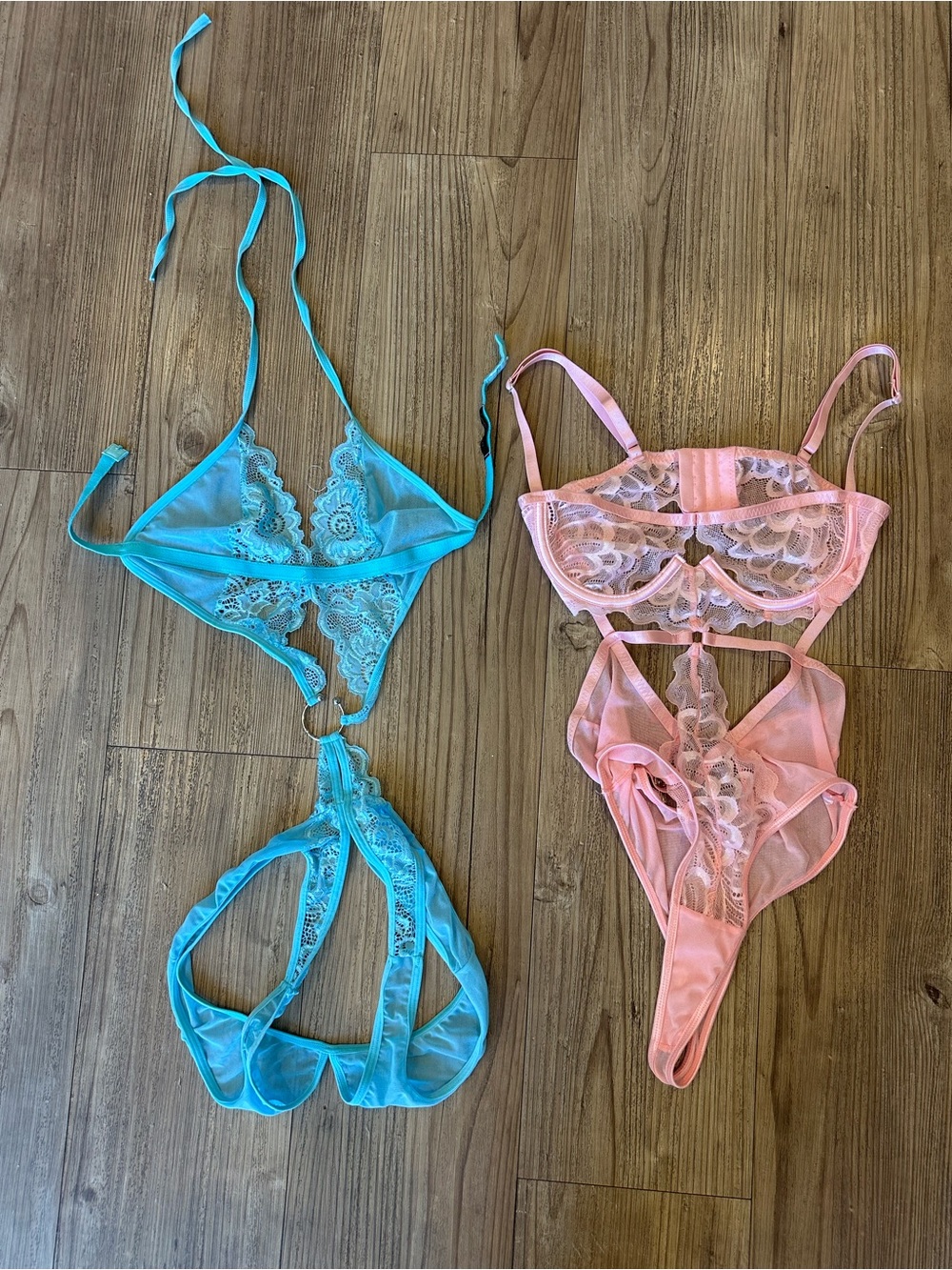 Sheer Lace Halter Teddy - Blue / Pink